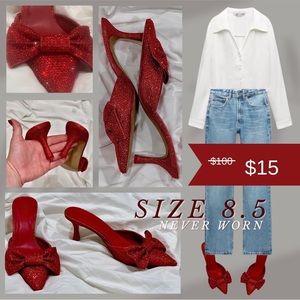 Red Rhinestone Bow Detail Kitten Heels